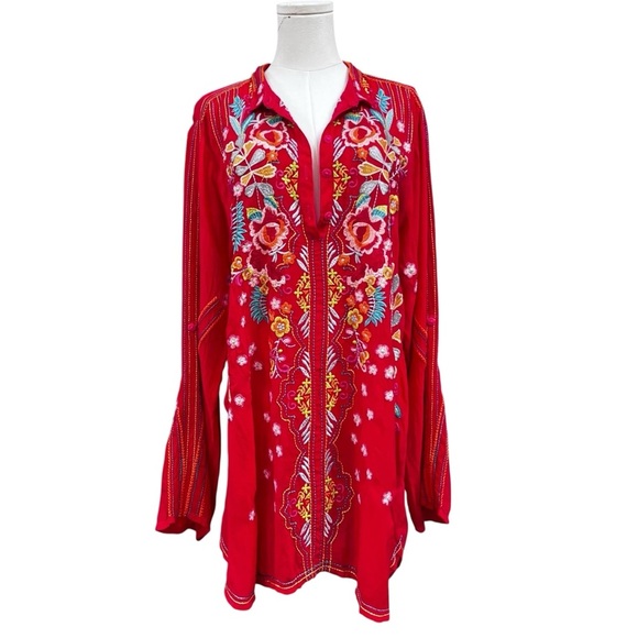 Johnny Was - Red Embroidered Long Sleeve Tunic - Size Large - Picture 1 of 12
